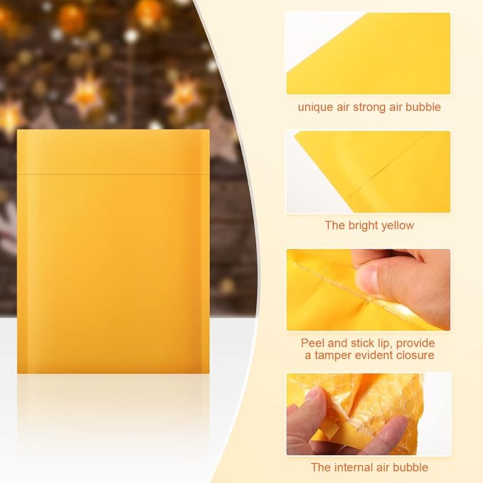 50 Pieces Metallic Padded Bubble Mailers Shipping Mailers Poly Mailers Foil Glitter Padded Envelopes Adhesive Seal Closure Envelopes Shipping Bags for Mailing Packing (Yellow, Simple Style)