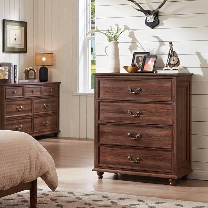 Farmhouse 4 Drawer Dresser Set of 2 for Bedroom, 37" Tall Rustic Chests of Drawers w/ 4 Solid Wood Feet, Mid Century Vintage Wooden Closet Storage Dressers Organizer for Living Room, Brown