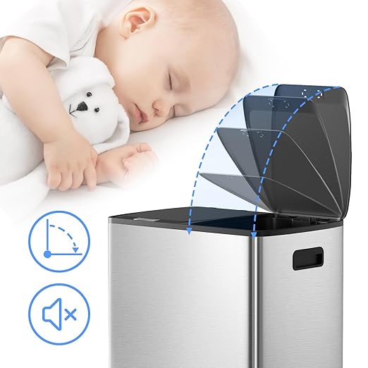 KUK 60 Liter / 16 Gallon Dual Trash Can with Lid, Stainless Steel Kitchen Step Garbage Can, 2 x 8 Gal Double Compartment Classified Rubbish Bin with 2 Plastic Inner Buckets Silver