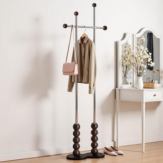 Metal Freestanding Coat Rack with Stainless Steel Double Rods & Marble Base, Hanging Clothes Rack for Entryway, Hallway, Bedroom, Living Room, Steel and Wood