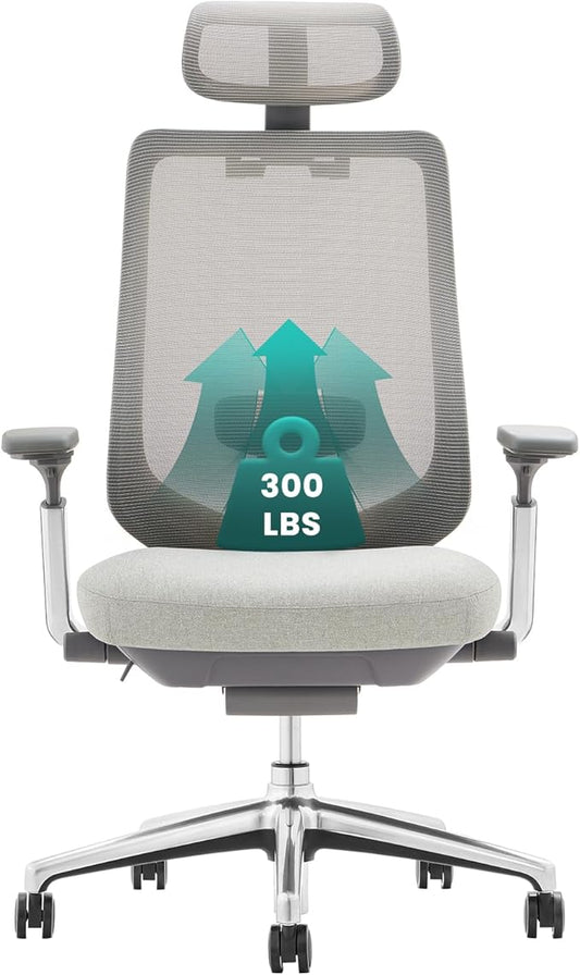 COLAMY Ergonomic Mesh Office Chair, High Back Computer Executive Desk Chair with Adjustable Headrest and 4D Arms, Slide Seat, Tilt Lock-Light Grey