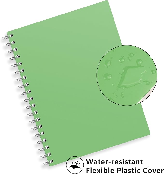 RETTACY Spiral College Ruled Notebook, 300 Pages, B5 Medium Size (7.4" x 10"), for School, Work, Writing, Journaling, 100 GSM Thick Paper, Flexible Plastic Cover (Green)