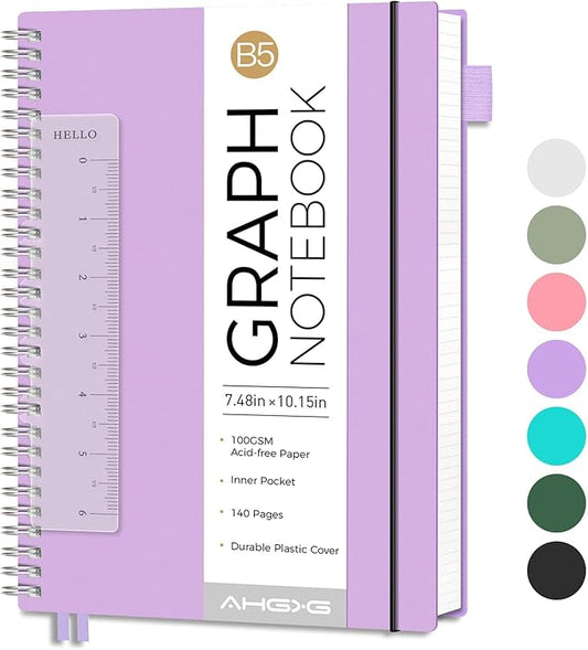 AHGXG Graph Paper Notebook - Spiral Notebook Journal 7.6" x 10", B5 Large Graph Notebook, 140 Pages, 100 gsm Thick Grid Paper, Waterproof Plastic Cover, for School Writing Engineering, Purple