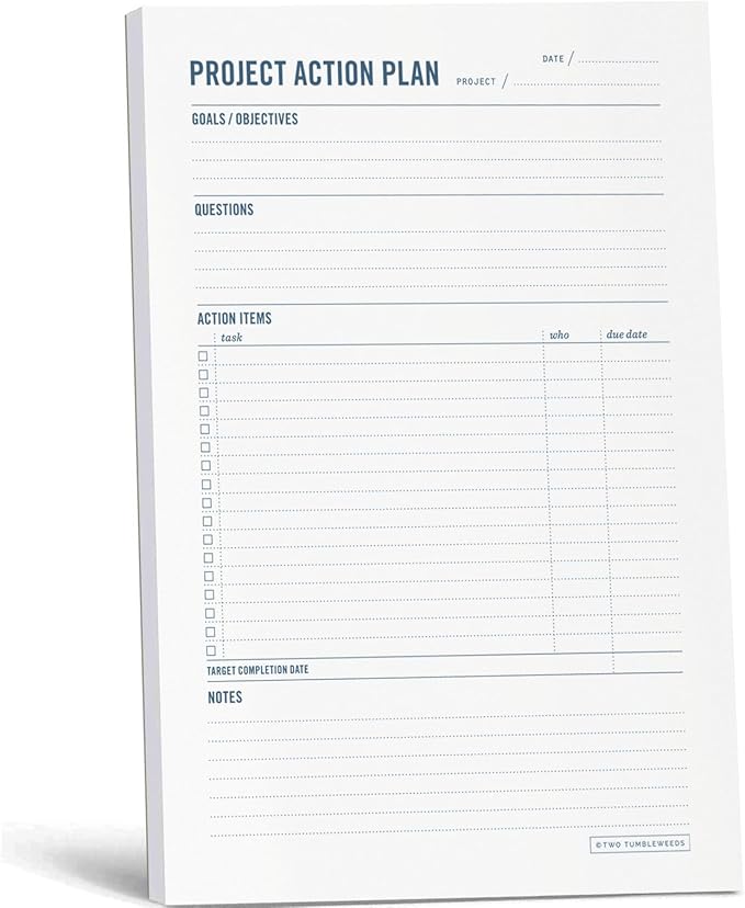 Two Tumbleweeds - Project Planner Notepad - 7 x 10” Planning Pad for Project Management with Checklist, Action Items, Notes - Task Planner - To Do List Organizer For Work & School - 50 Sheets