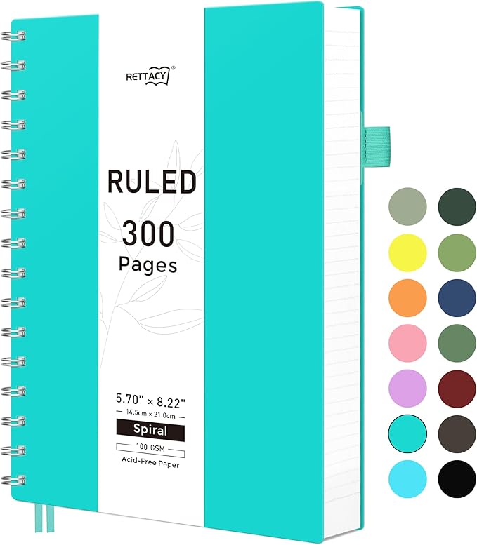 RETTACY Spiral College Ruled Notebook, 300 Pages, A5 Medium Size (5.7" x 8.2"), for School, Work, Writing, Journaling, 100 GSM Thick Paper, Flexible Plastic Cover (Tiffani Blue)