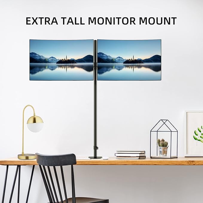 Pholiten Extra Tall Dual Monitor Stand, Dual Monitor Mount, Desk Mount up to 47 inch Pole, 2 Monitor Stand, Computer Monitor Arm, Fully Adjustable Stand for up to 27 inch Screens
