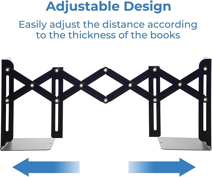 M&G Adjustable Bookends Book Ends for Shelves, Metal Bookend for Heavy Books, Desk Magazine File Organizer Holder Extends up to 20in, Book Stopper for Home, Office, Classroom (Black)