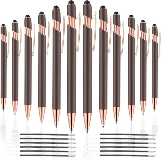 12 PCS 2 in 1 Stylus Ballpoint Pen with Stylus Tip, 1.0 mm Black Ink Metal Pen Stylus Pen for Touch Screens (Rose Gold & Gray)