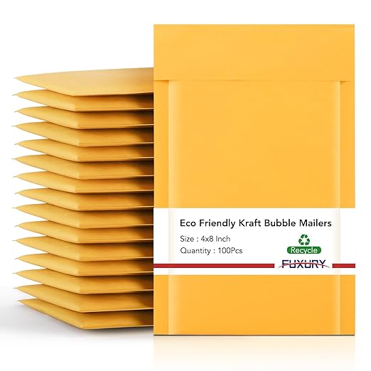 Fuxury Small Bubble Mailers 4x8" 100 Pack Padded Envelopes Thick Kraft Bubble Envelopes Usable Size 4x7" Waterproof Cushioned Padded Mailers Packaging for Small Business #000 Yellow