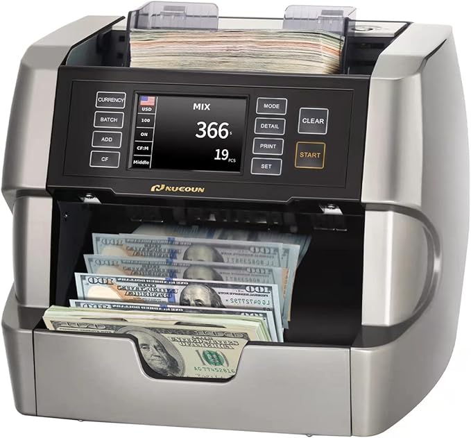 NUCOUN VC-7 Bank Grade Money Counter Machine Mixed Denomination,Value Counting,Mulit Currency,Printer Enabled,Serial Number,Cash Bill Counter 2CIS/UV/IR/MG/MT Counterfeit Detection, Cash Counter