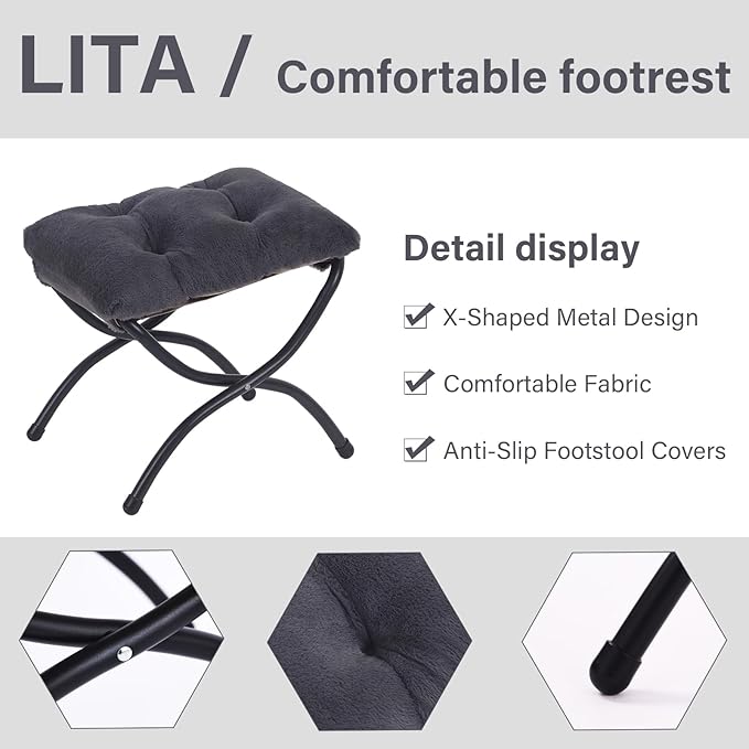 LITA Folding Upholstered Footrest Stool, Modern Small Portable Accent Ottoman with Detachable Thick Cotton Cushion Padded Sofa Stool with Metal Frame for Lazy Chair, Living Room & Bedroom