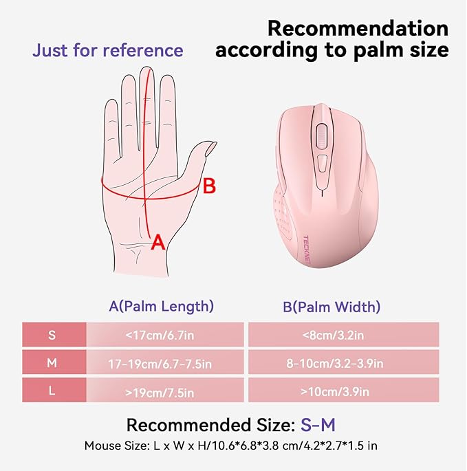 TECKNET Wireless Mouse (BT5.0/3.0 & 2.4G) Rechargeable 4800 DPI Silent USB A & Bluetooth Mouse 6 Buttons, Wide Compatibility - Pink