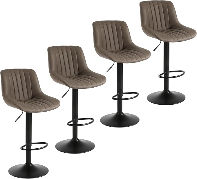Bar Stools Set of 4, Swivel Counter Height Barstools with Back, Adjustable PU Leather Bar Chairs, Modern Armless Kitchen Island Stool, Brown