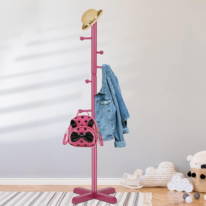 Kids Coat Rack, Freestanding Coat Racks with 8 Hooks 2 Adjustable Height, Tree Coat Rack for Bedroom, Hallway, Entrance, Office, Hats, Handbags,Purse (Dark-Rose)