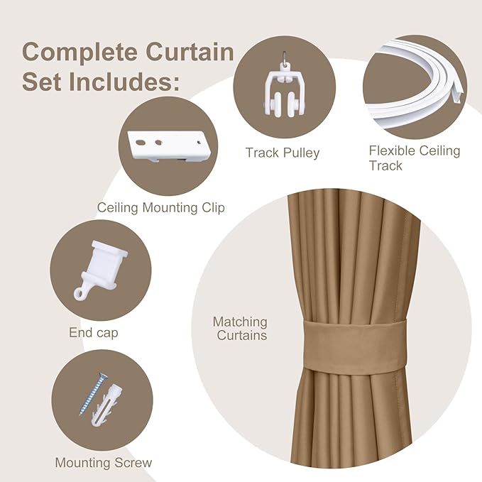 Room Divider Curtains & Flexible Bendable Tracks Set,Privacy Dividers Ceiling Track Curtain Window Blackout Curtains for Living Room Bedroom (W150 × H108 In 1 Panel Khaki Drape & White Rail)