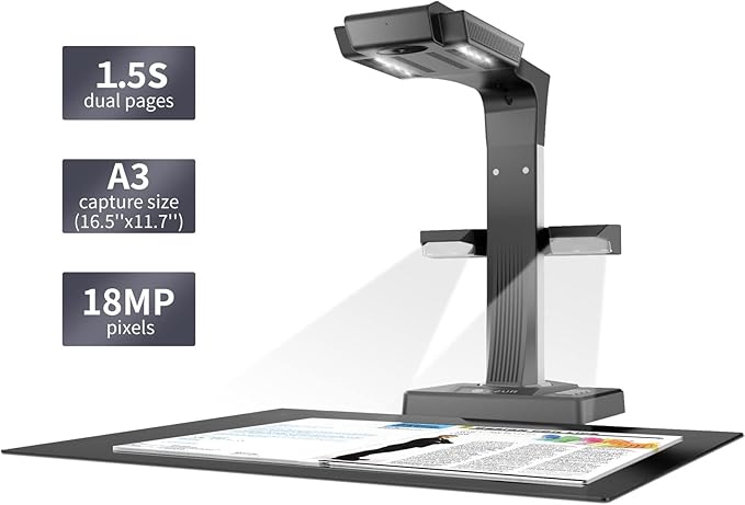 CZUR ET18 Pro Professional Document Scanner, 2nd Gen Auto-Flatten & Deskew Tech, 18MP HD Camera, Capture A3, 186 Languages OCR, Convert to PDF/Searchable PDF/Word/Tiff/Excel, Run On Windows & MacOS