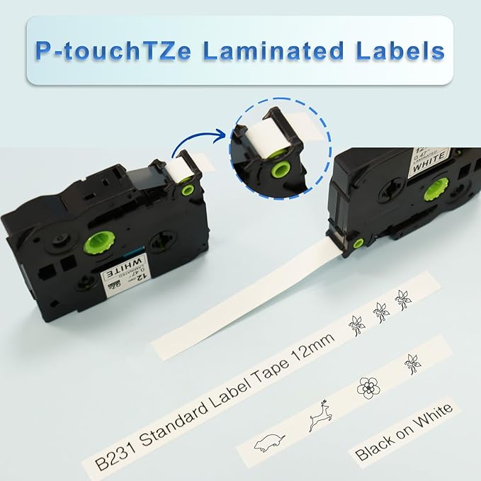Label Tape Compatible with Brother Tze-231, 12mm 0.47" Black on White Laminated Tape for P-Touch Label Maker PT-D210 D220 H110 D410 P710BT H111 1070, 10 Pack