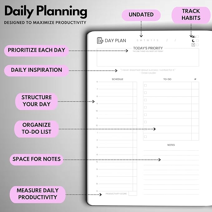 Undated Daily Planner – 3-Month A5 Productivity Organizer with Full Page Per Day, Hourly Schedule, Goal Setting, Habit Tracker, Weekly & Monthly Pages – Hardcover Time Management Notebook (Lilac)