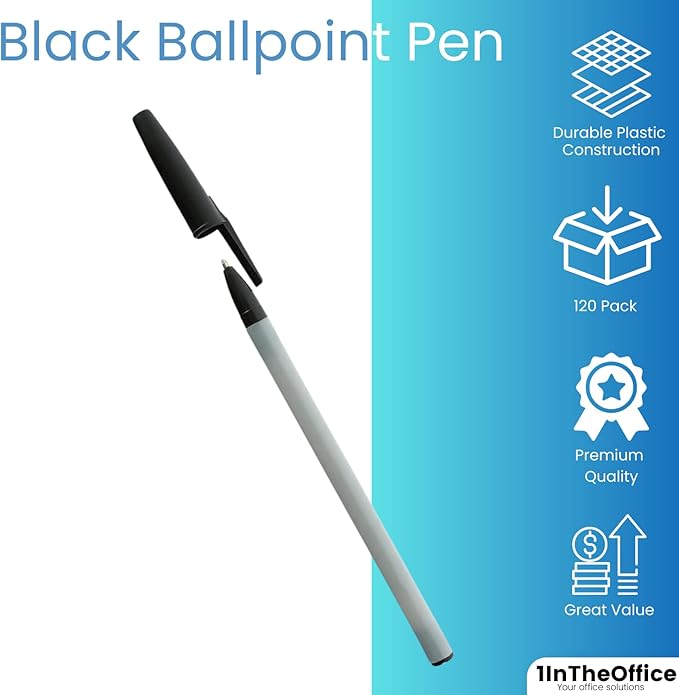 1InTheOffice Ballpoint Pens, Medium Point, Black Ink, 1.0mm, 12 Pens/Box, 10 Boxes