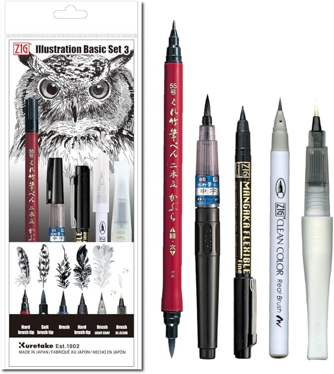 Kuretake Zig Inktober pen set, for Illustration, Manga Drawing, Lettering and Calligraphy, Professional Artist, Made in Japan (Basic No.3(5pcs.))