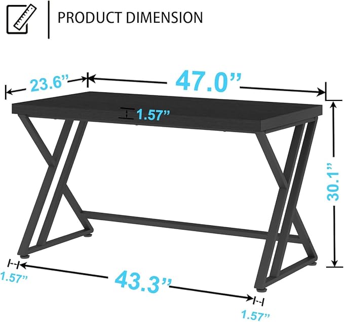 LVB Black Desk, Modern Gaming Writing Computer Desk for Home Office, Metal Wood Study Work PC Computer Table for Bedroom, Industrial Executive Student Workstation Desk, 47 Inch, Black Oak