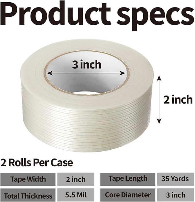 Strapping Tape, 2 Roll 2 Inch X 1260" 5.5 Mil, Fiberglass Heavy Duty Shipping and Moving Packing Tape,Clear