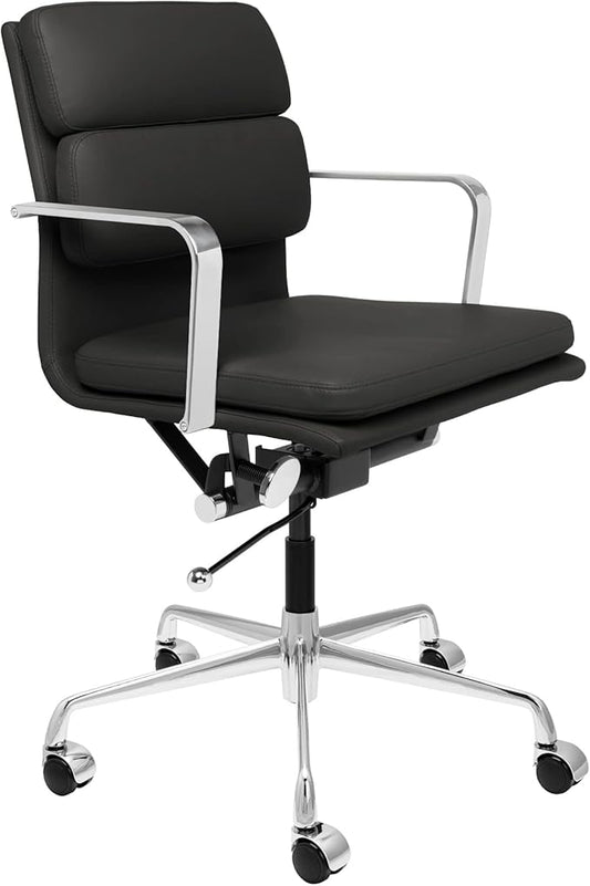 Laura Davidson Furniture SOHO II Padded Management Office Chair - Mid Back Desk Chair with Arm Rest, Swivel & Cushion Availability, Made of Faux Leather, Black, Computer Chair