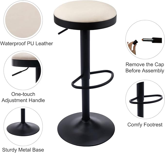 Round Swivel Counter Height Bar Stools Set of 2 Modern Adjustable Barstools Backless PU Leather Bar Chairs Industrial Island Chairs with Metal Base/Footrest for Kitchen Island/Pub/Cafe Beige