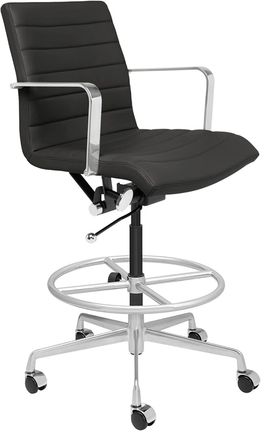 Laura Davidson Furniture SOHO II Ribbed Drafting Chair for Standing Desks, Standing Desk Chair - Ergonomically Designed, Commercial Grade Draft Height, Arm Rest & Cushion, Made of Faux Leather, Black