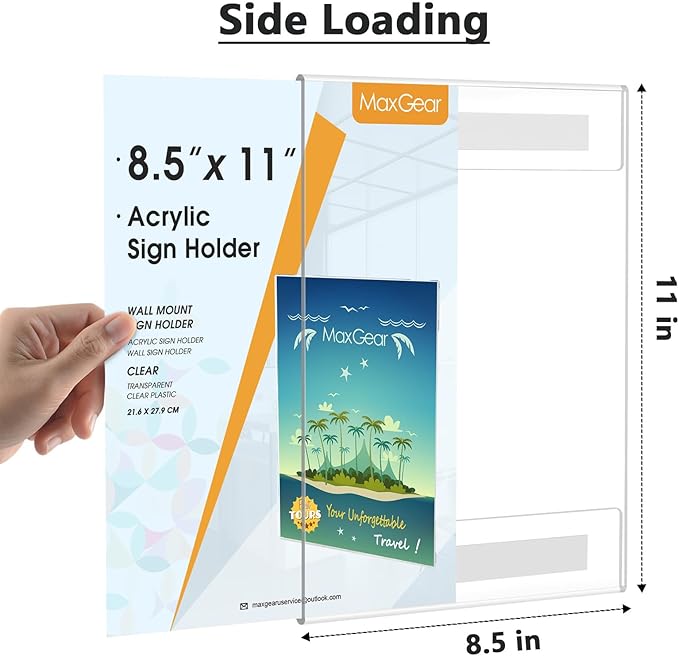 MaxGear Acrylic Sign Holder 8.5 x 11 Wall Mount Clear Plastic Sign Holders with Double-Sided Tape, Clear Sign Holder Paper Poster Door Document Flyer Acrylic Frame for Office, Home, Store, Restaurant