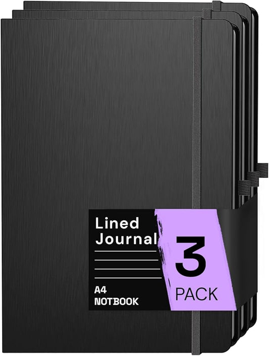 A4 Lined Journal Notebook, 8mm Ruled Notepad, Journaling for Writing, Work, School, Travel and Note Taking, Hardcover 160 Pages (80 Sheets) 8.27 x 11.6 inches (3 Pack Black)