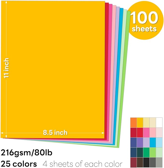 Colored Cardstock 8.5 x 11 Assorted, 100 Sheets Goefun 25 Colors Colored Copy Paper, 80lb Construction Paper Color Paper for Crafts & Scrapbooking