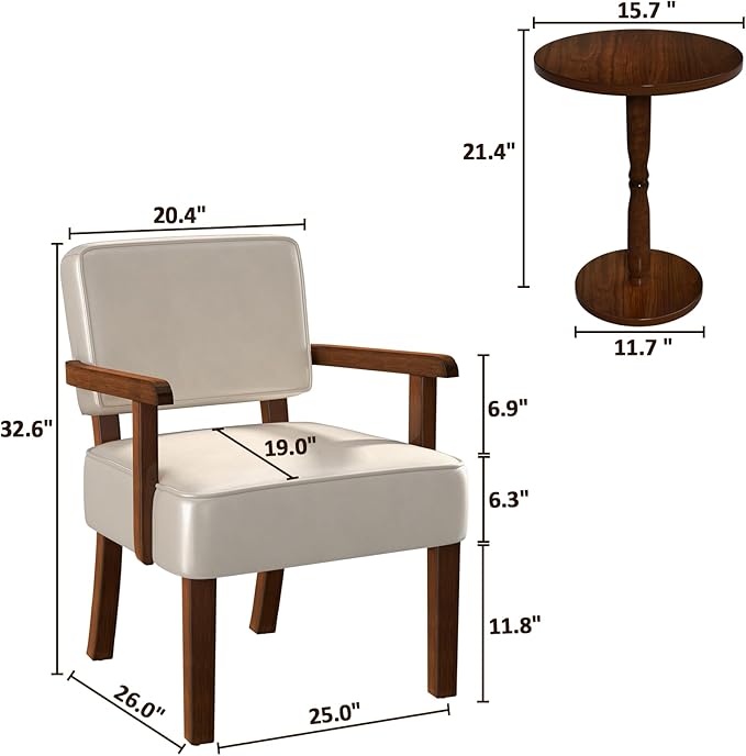 Accent Chair Set of 2 with Table, PU Leather Chair for Living Room Oversized Armchair with Soft Seat and Armrests for Bedroom Dinning Reading Waiting Room (Leather Beige)
