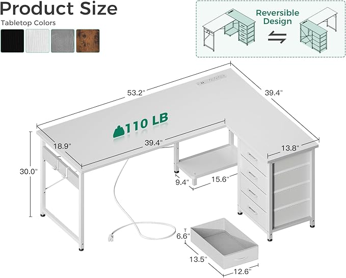 Casaottima L Shaped Desk with 4 Tier Drawers, 53" Gaming Desk with Power Outlets & USB, Reversible L-Shaped Computer Desk with CPU Stand, Home Office Corner Desk with Storage, Easy Assemble, White