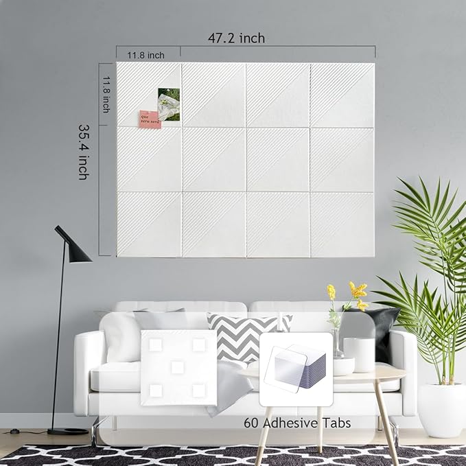 Large Cork Board for Walls 48"x 36", 12 Pack Felt Wall Tiles with Safe Removable Adhesive Tabs, Cork Board for Office,Pinboard Bulletin Board - White