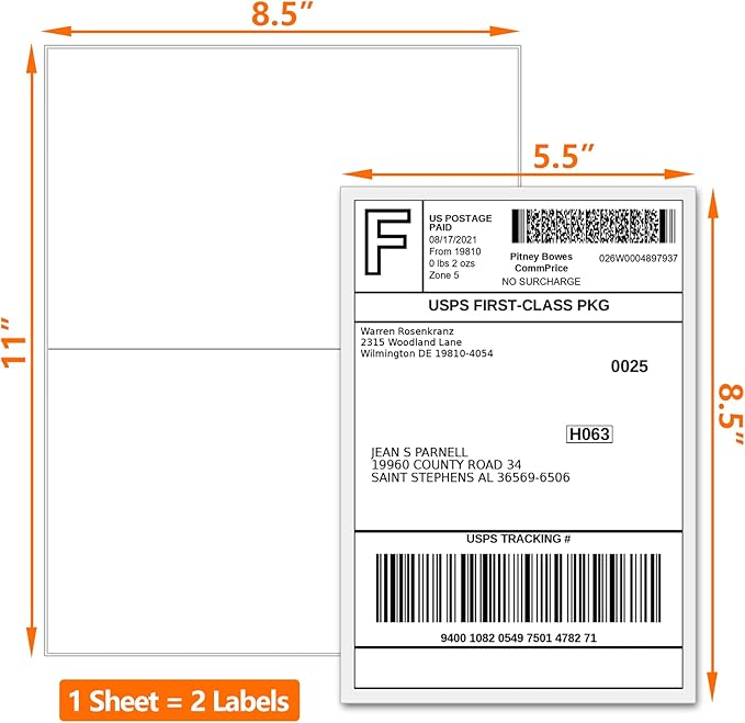 5000 Half Sheet Shipping Labels for Laser/Inkjet Printers - 5-1/2" X 8-1/2" Blank White Labels