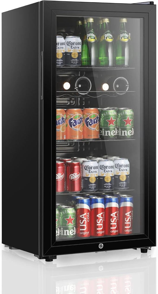 LANG Beverage Refrigerator, 4.5 Cu.Ft, Mini Fridge with Glass Door for Soda Beer, Freestanding Beverage Cooler for Office, Bar, Adjustable Shelving&Adjustable Foot