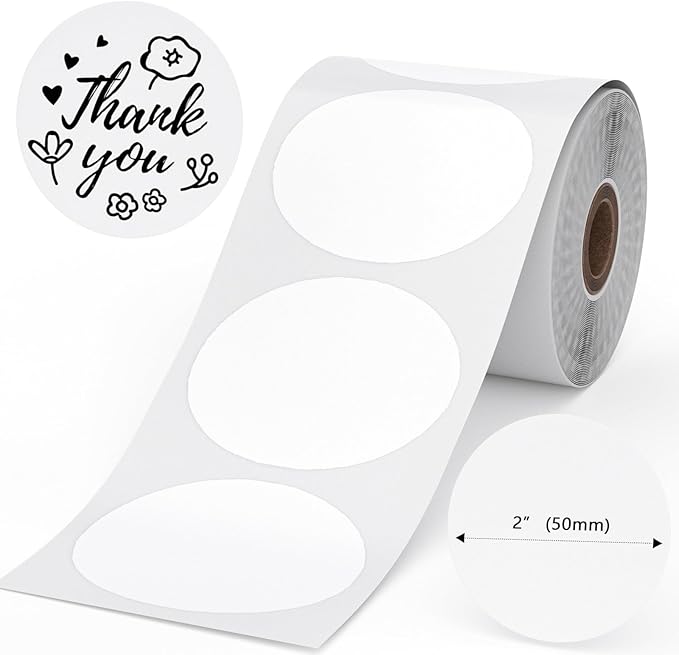 Phomemo 2" White Round Label Stickers Roll for 4X6 Thermal Label Printer for Small Business Supplies - Commercial Grade Thermal Labels for Custom Stickers Personalized & Business Logo - 750pcs / Roll