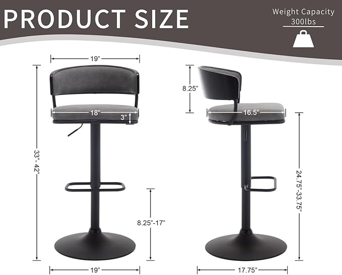 Adjustable Modern Bar Stools Set of 4 Faux Leather Barstools Swivel Counter Height Bar stools with Curved Back/Black Metal Base Comfy Upholstered Bar Chairs for Kitchen Island, Grey