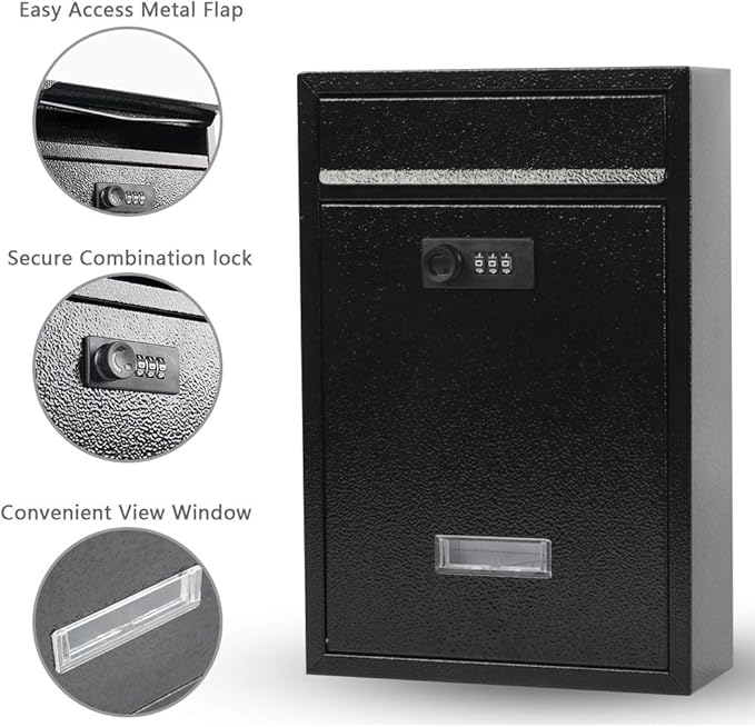 KYODOLED Locking Wall Mount Mailbox, Mail Boxes with Combination Lock for Outside, Security Drop Box with Code,12.4H x 8.54L x 3.35W Inches, Black