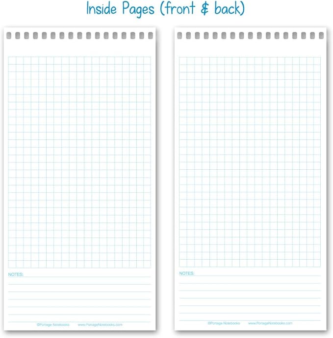 Portage Graph Paper Notebook – Top Bound Spiral Grid Notepad, Small Graph Notebook Writing Pad, Reversible with Notes Template, Thick Cover For Stability – 4 x 8 In, 70 Sheets, 12 Pack