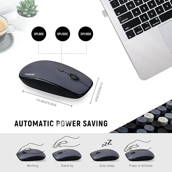 FOPETT Wireless Keyboard and Mouse Combo, 104 Keys Full-Sized 2.4 GHz Round Keycap Colorful Keyboards, USB Receiver Plug and Play, for Windows, Mac, PC, Laptop, Desktop (Grey)