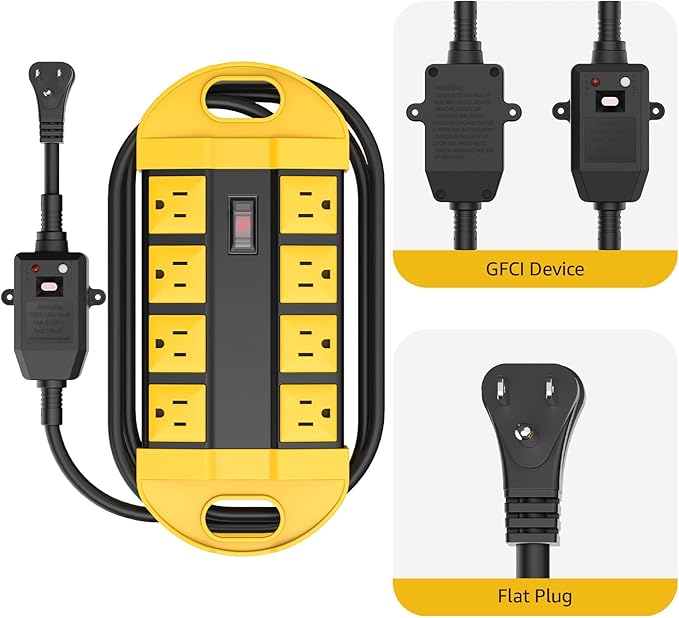 CCCEI GFCI Outdoor Power Strip Weatherproof with 8 AC, Waterproof Extension Cord with Multiple Outlets, Wall Mount Surge Protector Flat Plug, Christmas Exterior Garden, Yard, 15FT, Yellow.