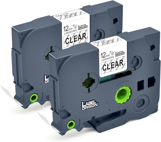 Label Orison TZe-131 Label Maker Tape Clear, Replacement for Brother P-Touch Label Tape Tz Tapes 12mm 0.47 Laminated for PT-D210 PT-D220 PT-H110, Black on Clear, 1/2''(12mm) x 26.2'(8m), 2PK