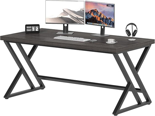 LVB Modern Computer Desk, Industrial Home Office Desk, Metal Wood Writing Study Computer Table for Bedroom, Farmhouse Executive Simple Gaming Work Desk for Student, Dark Gray Oak, 60 Inch