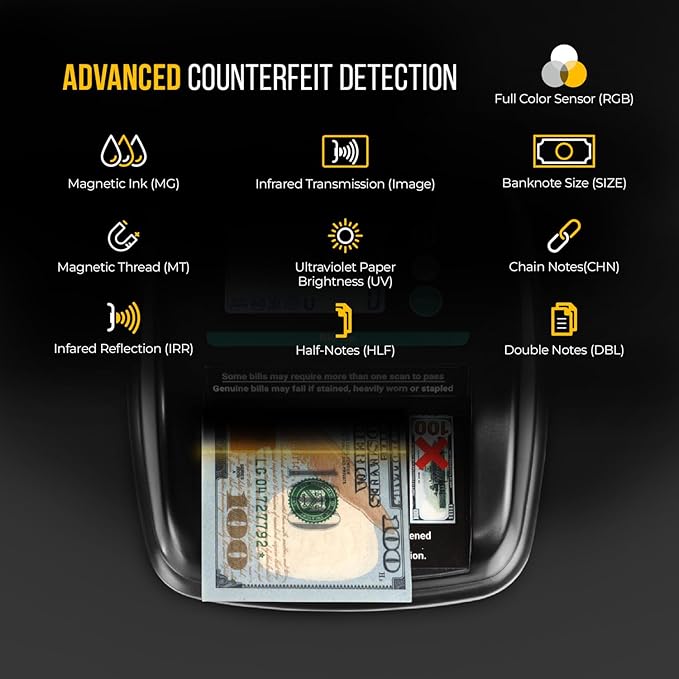 KOLIBRI Bishop Automatic Counterfeit Bill Detector Machine with 5 Advanced Counterfeit Detection Checks UV/MG/IR/Size/RGB - Fake Money Detector, LCD Screen, Easy to Use, Compact and Lightweight