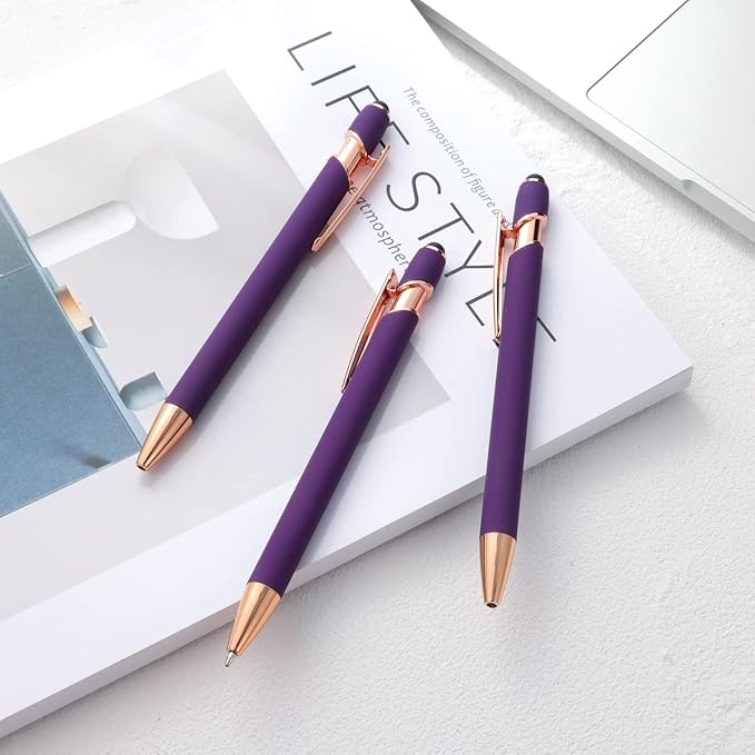 12 PCS 2 in 1 Stylus Ballpoint Pen with Stylus Tip, 1.0 mm Black Ink Metal Pen Stylus Pen for Touch Screens (Rose Gold & Purple)