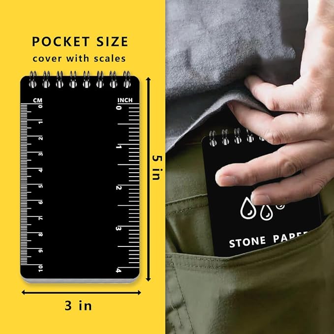 Stone Paper Waterproof Top Spiral Notepad Weatherproof Steno Pads 3" x 5" Pocket Notebooks, Universal Graph Pattern, 4 Pack 400 Pages for Field Travel Adventure (3" x 5", Black)