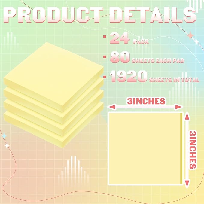 Thenshop 24 Sets Full Adhesive Sticky Notes 3x3 Inches Sticky Notes Adhesive Memo Self-Stick Pads Back to School Supplies Easy to Post for Teacher Coworkers Office 80 Sheets/pad(Yellow,Unlined)