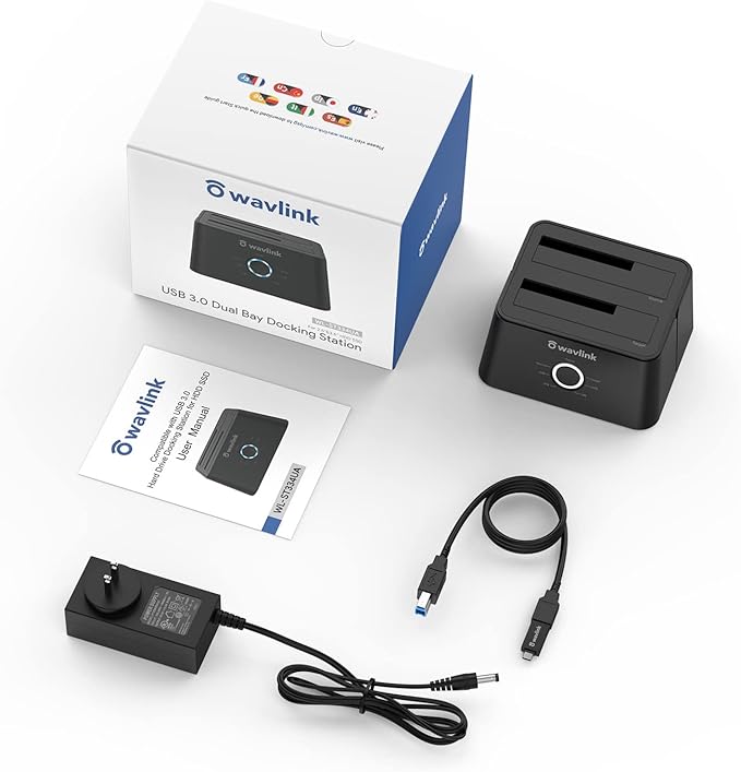WAVLINK USB 3.0 and USB C to SATA Dual-Bay External Hard Drive Docking Station for 2.5/3.5 Inch HDD/SSD with UASP (6Gbps), Support Offline Clone/Duplicator Function [16TB X2 ]-Black